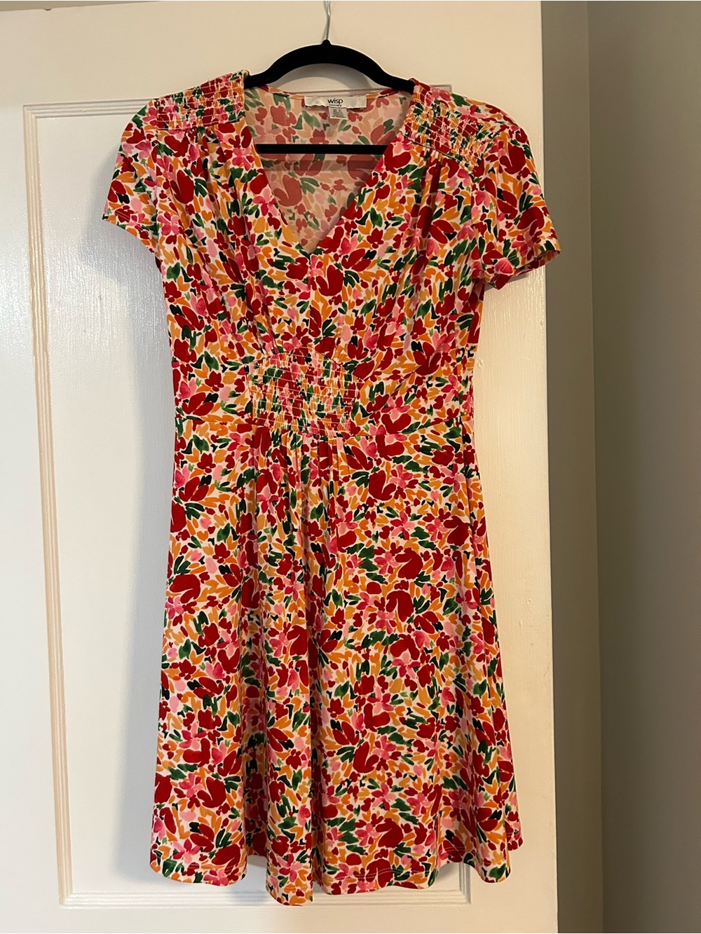 Maggy London Red Multi Floral V‑Neck Smocked Waist Mini Dress
